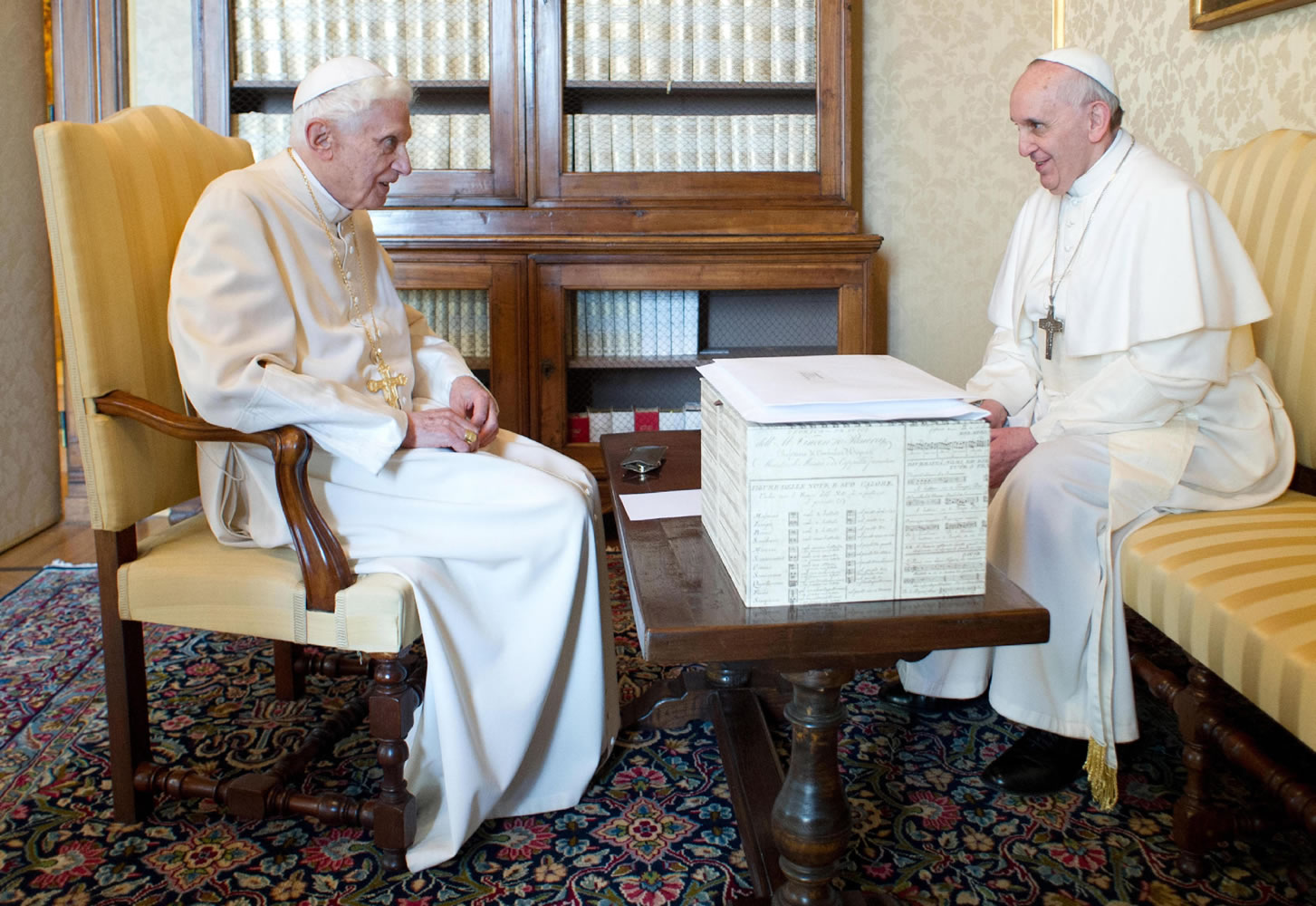 Pope Francis, right, and Pope emeritus Benedict XVI meet in Castel Gandolfo on March 23, 2013.