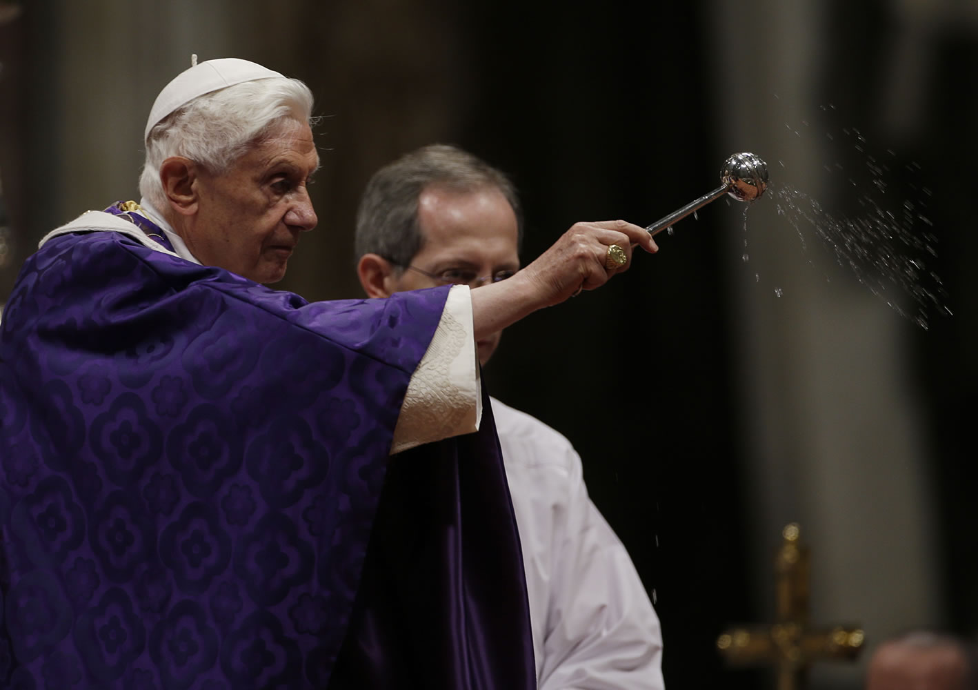 Pope Benedict XVI blesses the ashes as he celebrates the Ash Wednesday mass in St. Peter's Basilica at the Vatican, Wednesday, Feb. 13, 2013.  Ash Wednesday marks the beginning of Lent, a solemn period of 40 days of prayer and self-denial leading up to Easter. Pope Benedict XVI told thousands of faithful Wednesday that he was resigning for &quot;the good of the church&quot;, an extraordinary scene of a pope explaining himself to his flock that unfolded in his first appearance since dropping the bombshell announcement.