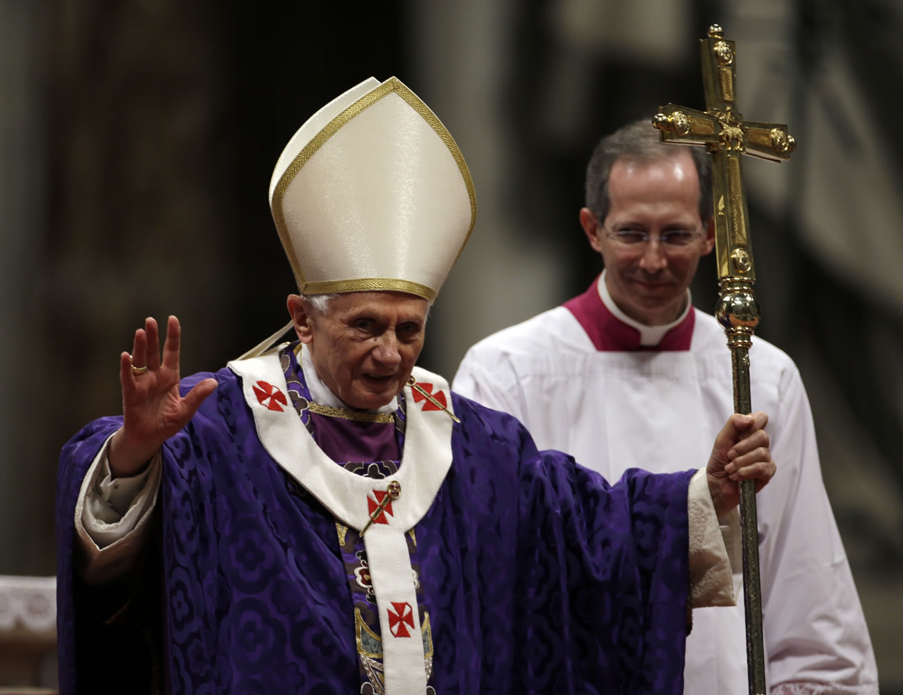 Pope Benedict XVI greets the faithful at the end of the Ash Wednesday Mass on Wednesday in St.