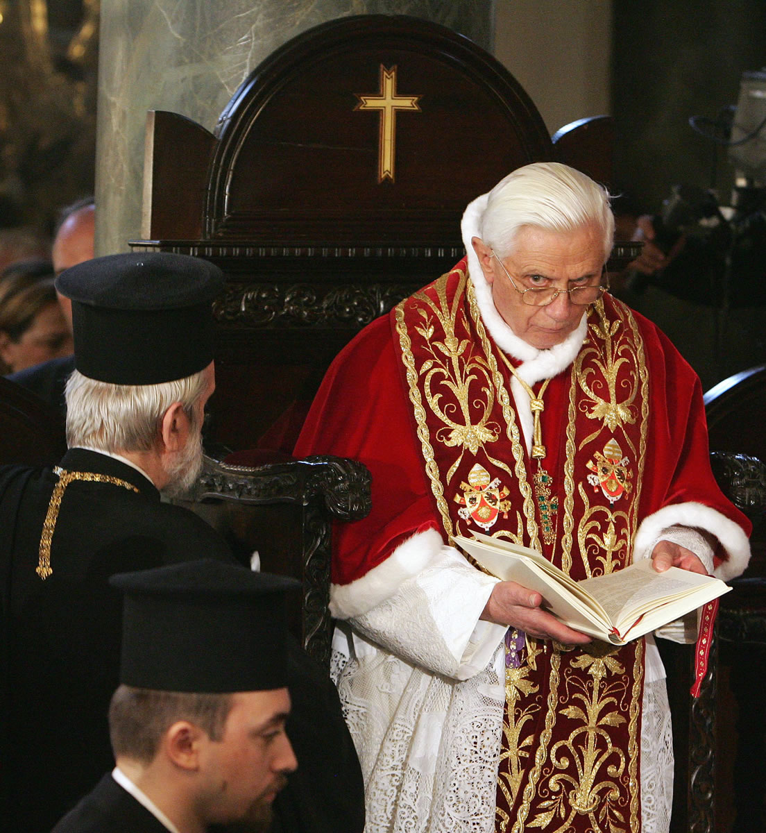 Pope Benedict XVI looks on during a solemn ceremony with Ecumenical Orthodox Patriarch Bartholomew I, unseen, in the Patriarchal Church of St.