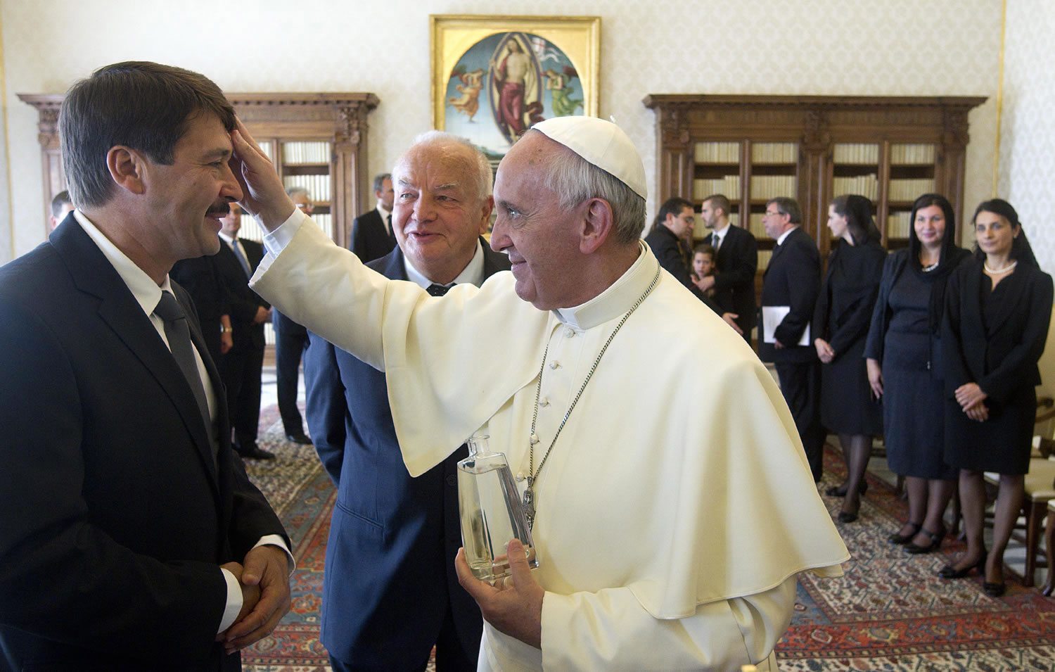 Pope Francis meets Hungarian President Janos Ader during a private audience at the Vatican on Friday.