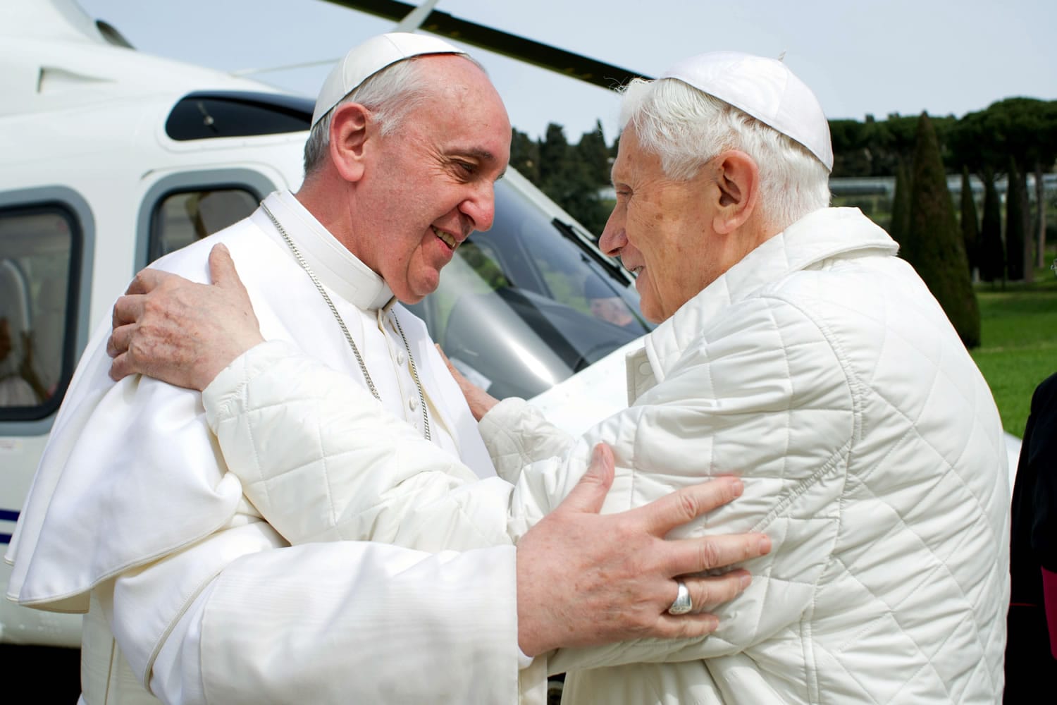 Pope Francis, left, meets Pope emeritus Benedict XVI in Castel Gandolfo on March 23.