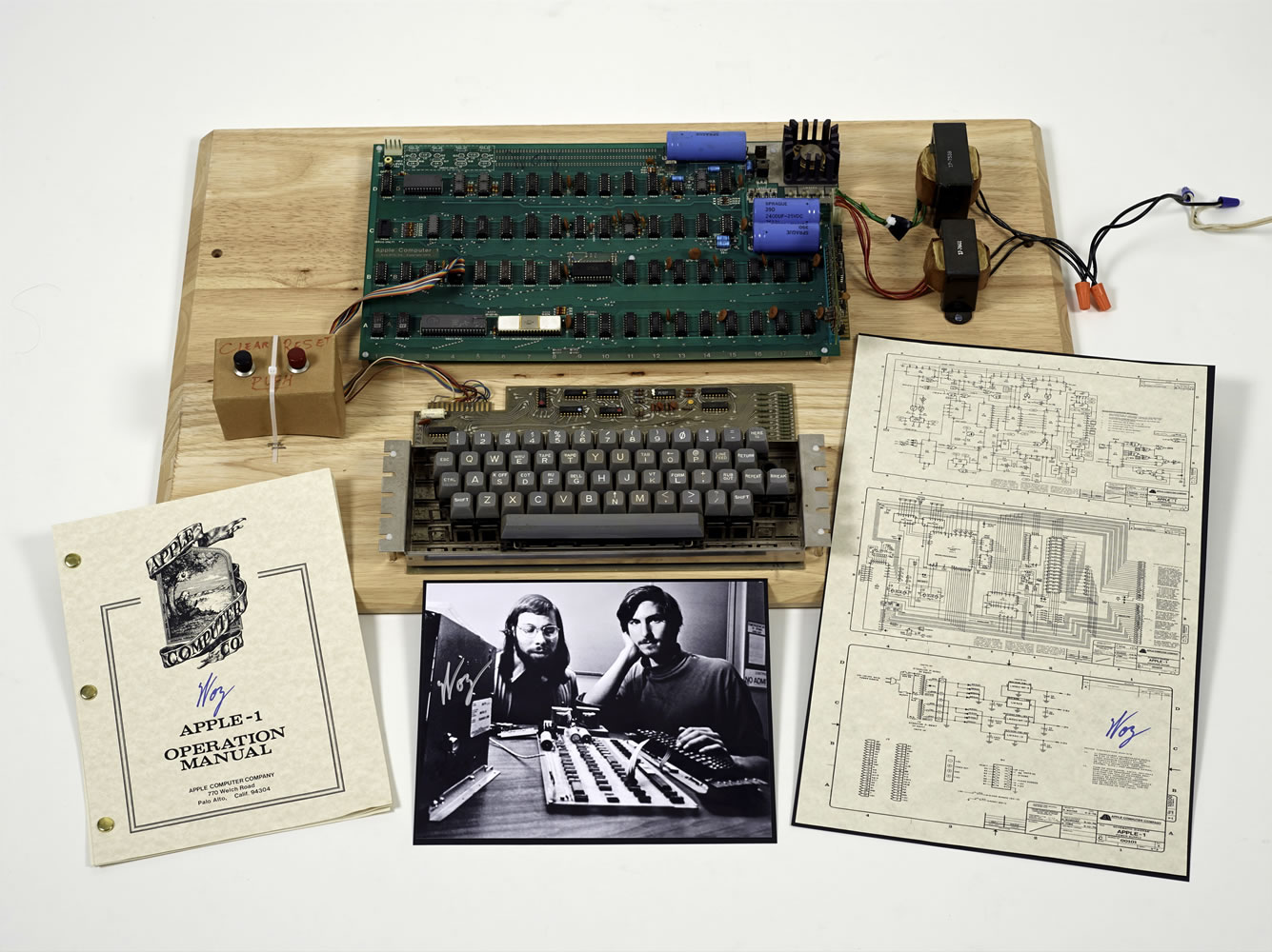 Christie's Auction House
An Apple 1 prototype computer, built in 1976, accompanied by an operation manual and schematic as well as a photo of its inventors, Steve Wozniak, left, and Steve Jobs, goes on sale later this month at Christie's Auction House, the latest in a recent run of vintage tech sales that have attracted some eye-popping prices. The Apple 1 could go for $500,000.