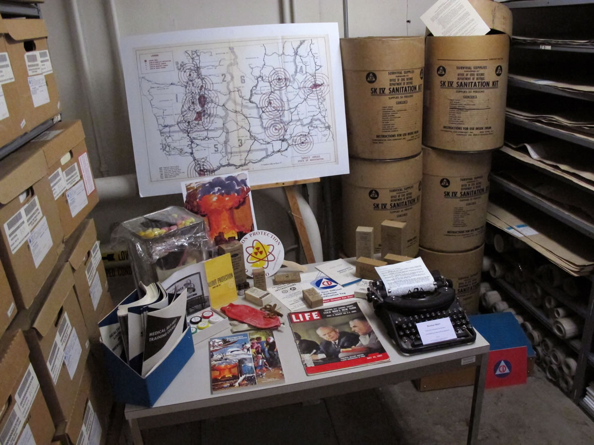 An exhibit shows materials that were typically kept in fallout shelters during the Cold War era.