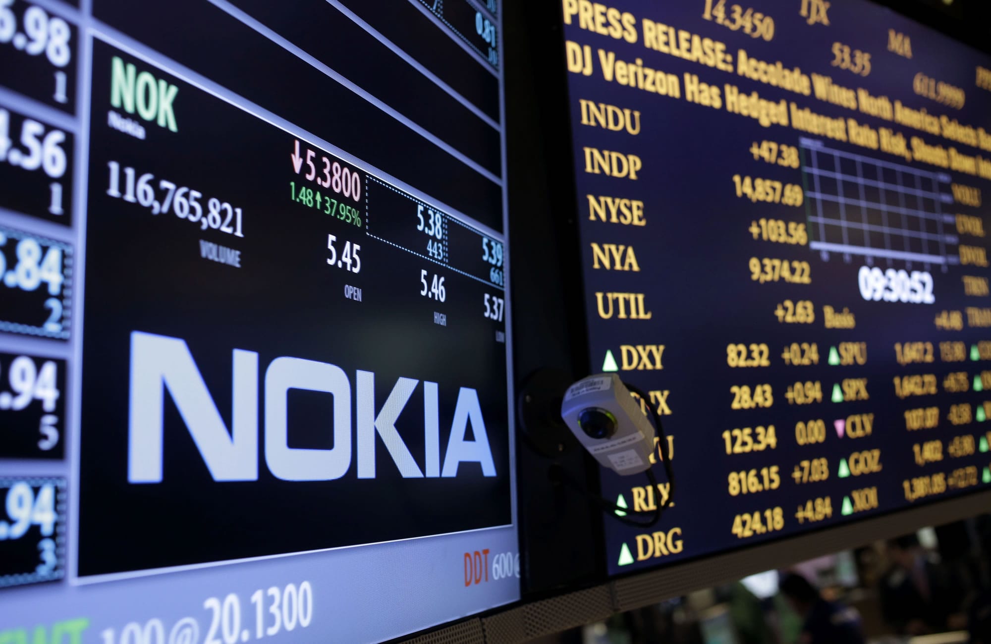 The Nokia brand name is displayed on the floor of the New York Stock Exchange in New York on Tuesday.