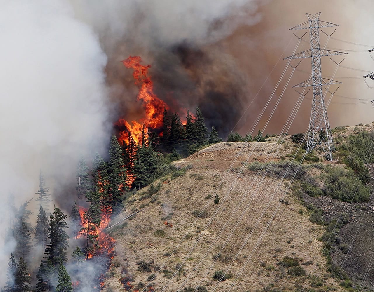 Flames from the Taylor Bridge Fire climb the side of Lookout Mountain east of Cle Elum in mid-August.