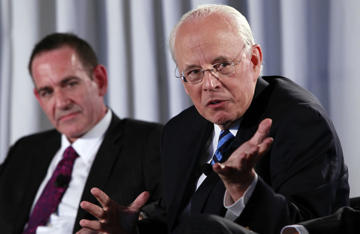 Timothy Naftali, left, moderator and former director of the Richard Nixon Presidential Library and Museum, listens to John Dean, White House counsel to President Nixon, during an event sponsored by The Washington Post to commemorate the 40th anniversary of Watergate Monday, June 11, 2012 at the Watergate office building in Washington.
