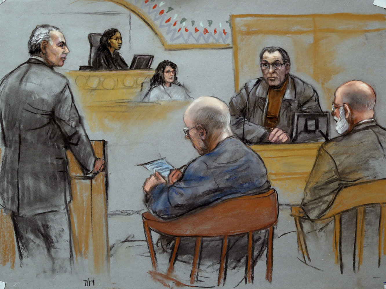 This courtroom sketch depicts Stephen &quot;The Rifleman&quot; Flemmi, upper right, on the witness stand as defendant James &quot;Whitey&quot; Bulger listens, seated middle, next to his defense attorney J. W. Carney Jr., seated far right, while prosecutor Fred Wyshak, standing left, questions Flemmi during Bulger's racketeering and murder trial at U.S.