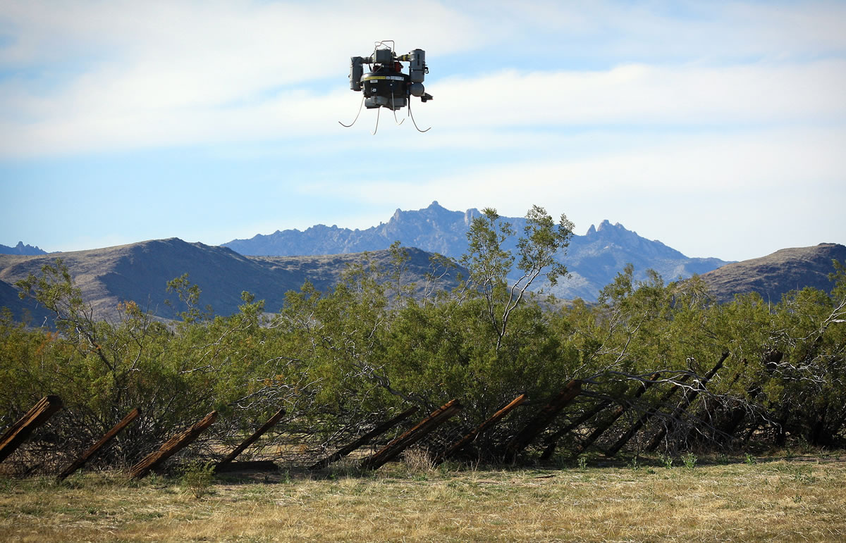This photo provided by The U.S. Geological Survey, the USGS THawk drone being used during a survey of abandoned solid waste in the Mojave Preserve on  April 3.  The U.S.