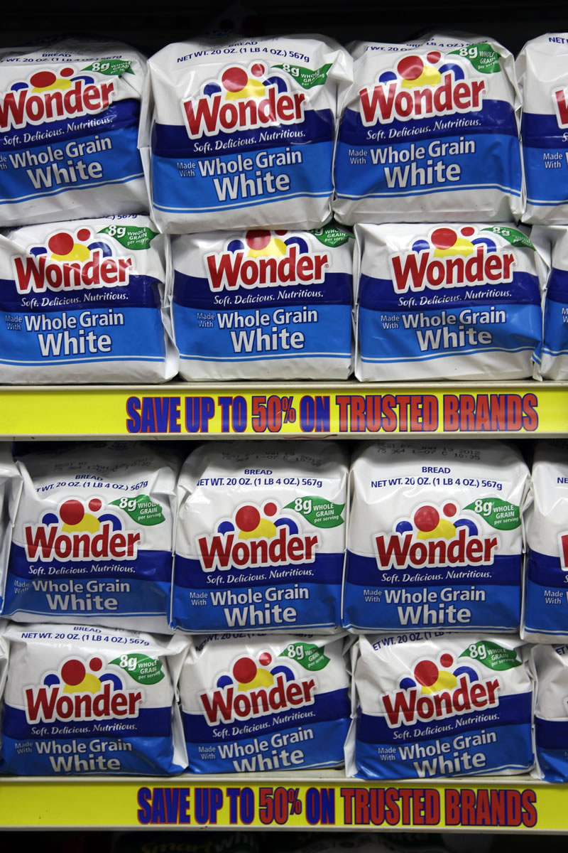 Loaves of Wonder bread are displayed at a grocery store in Santa Clara, Calif., in January 2012.