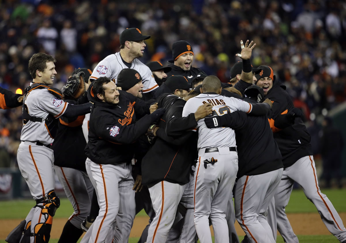 The San Francisco Giants celebrate after winning Game 4 of the World Series.