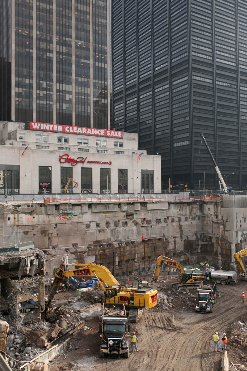 Construction workers and equipment excavate the southeastern corner of the World Trade Center site on Jan.