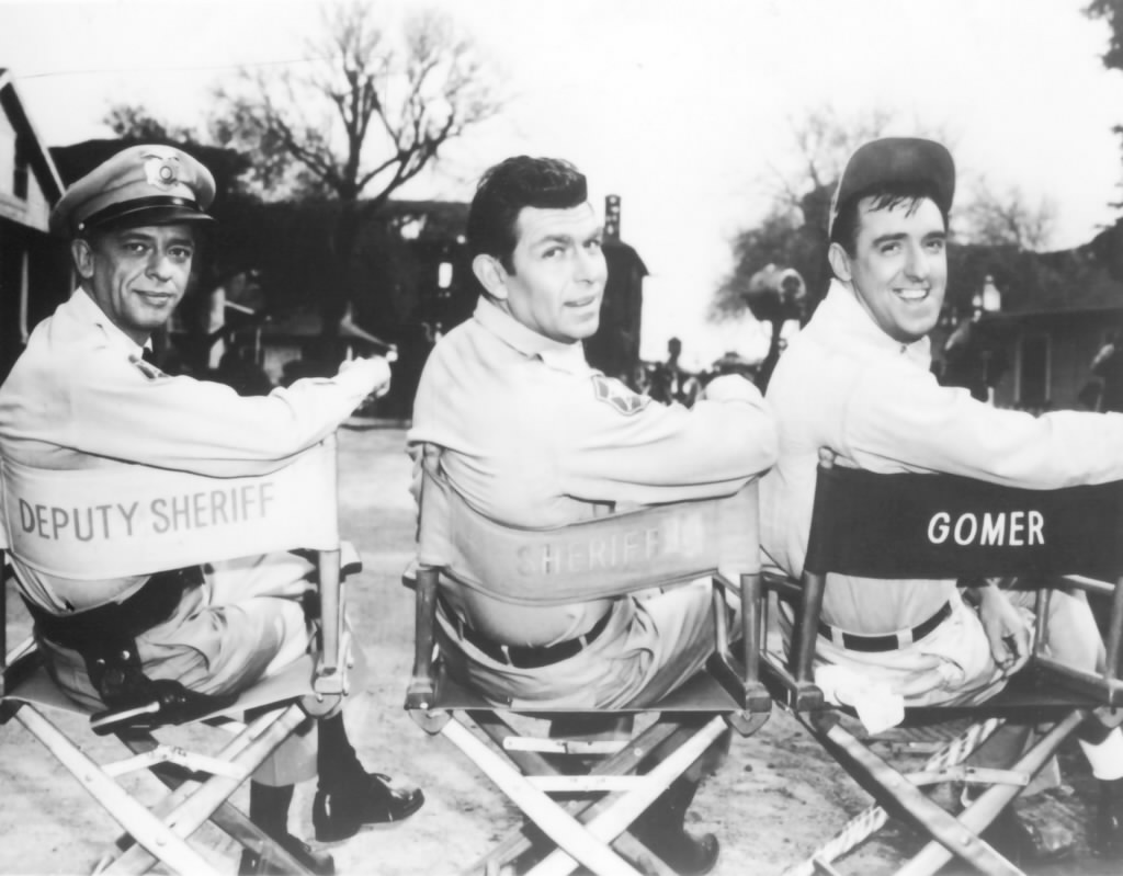 Don Knotts, left, Andy Griiffith, center, and Jim Nabors take a break on the set of &quot;The Andy Griffith Show.&quot; Griffith died Tuesday at age 86 in Manteo, N.C.