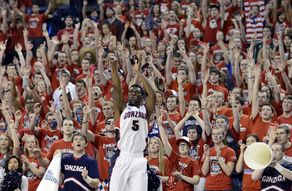 Gonzaga's Gary Bell Jr. (5) follows through for a 3-point shot against Loyola Marymount, Saturday, Feb. 9, 2013. Gonzaga reached an all-time ranking, coming in at No. 2 on Monday, Feb.