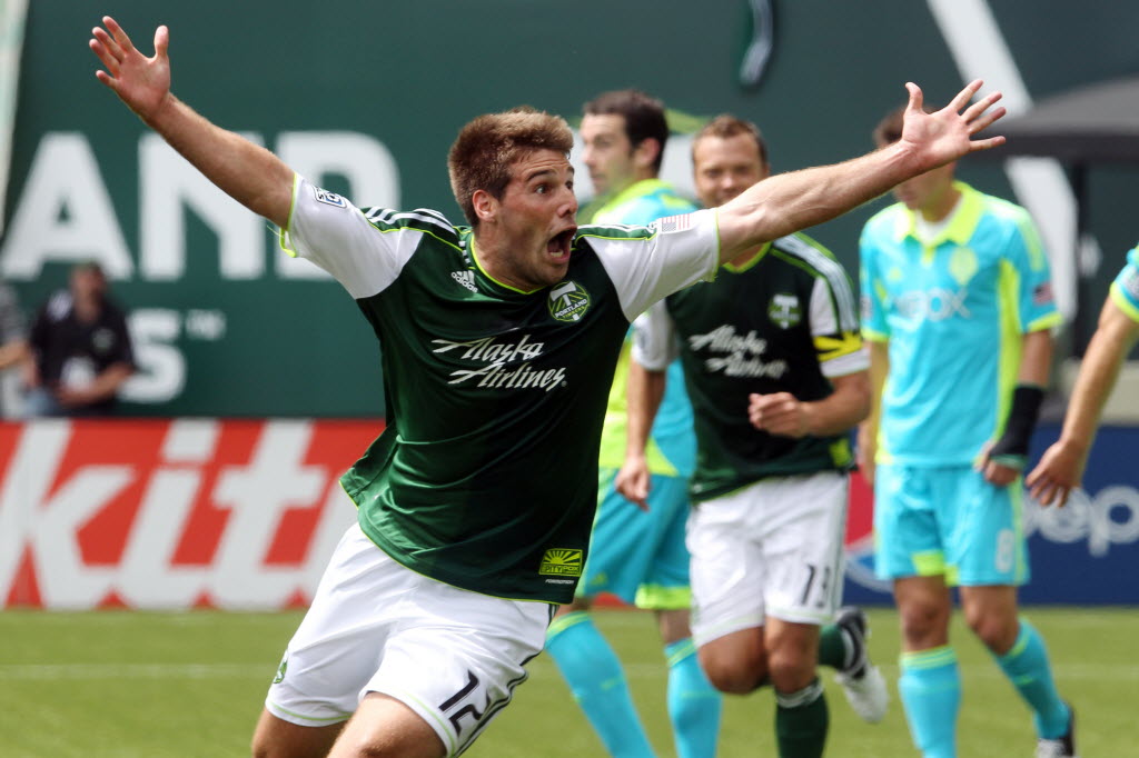 Portland Timbers' David Horst (12) celebrates after scoring in the first half Sunday.