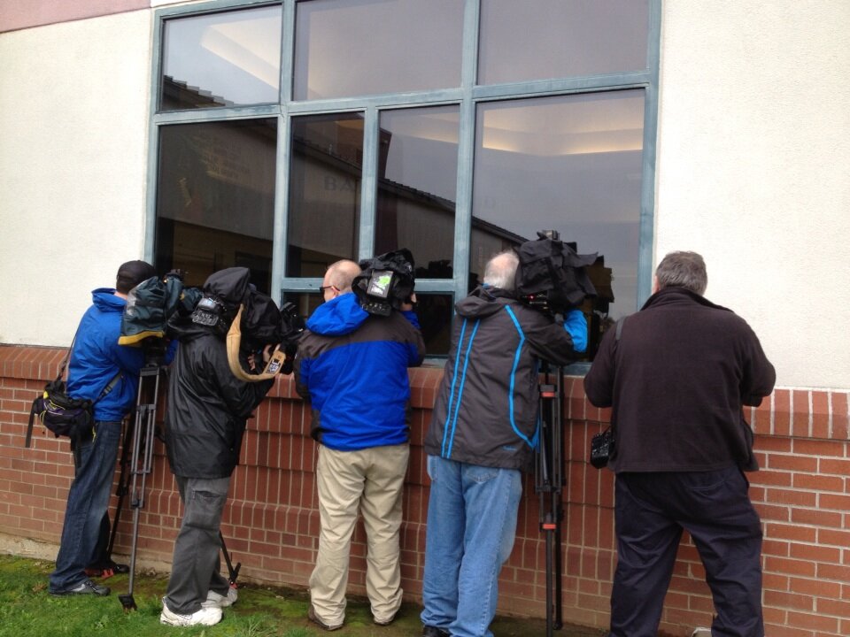 Local media line up Thursday morning, Feb.
