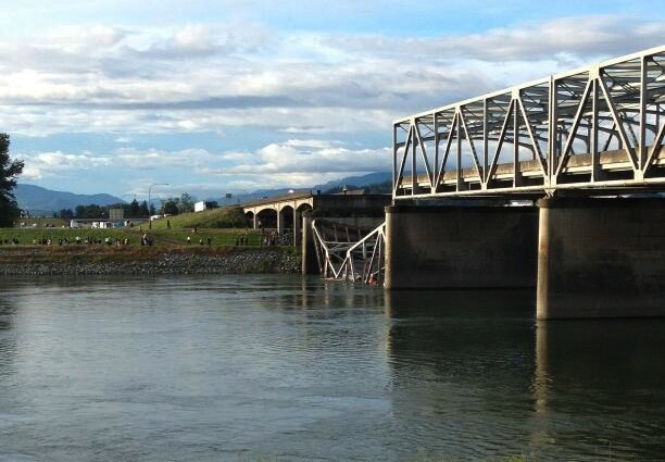 This photo shows the collapsed north end of the Skagit River bridge after it collapsed into the water.