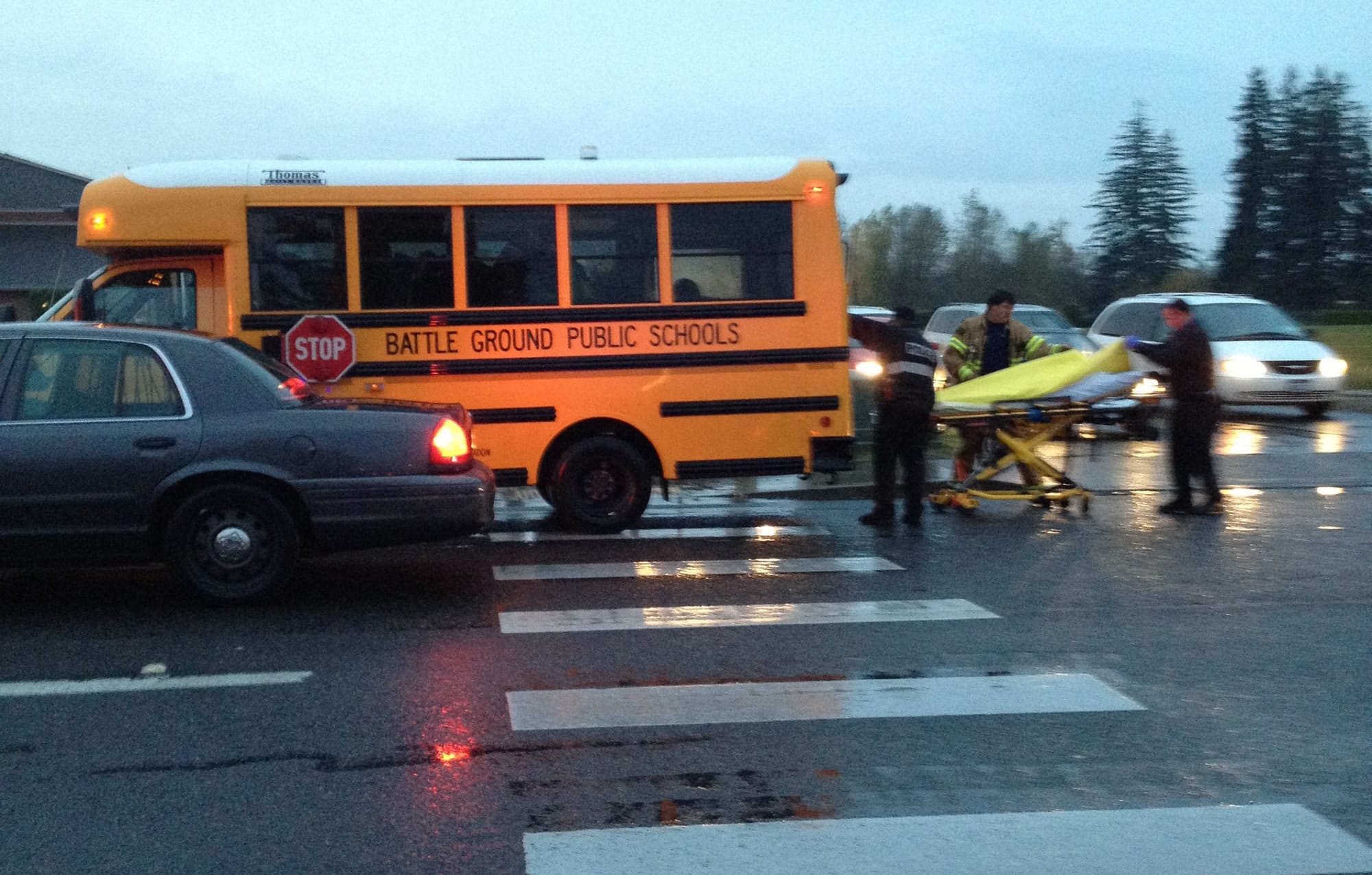 A 15-year-old girl was sent to the hospital after being hit by a school bus in Battle Ground Tuesday morning, officials said.