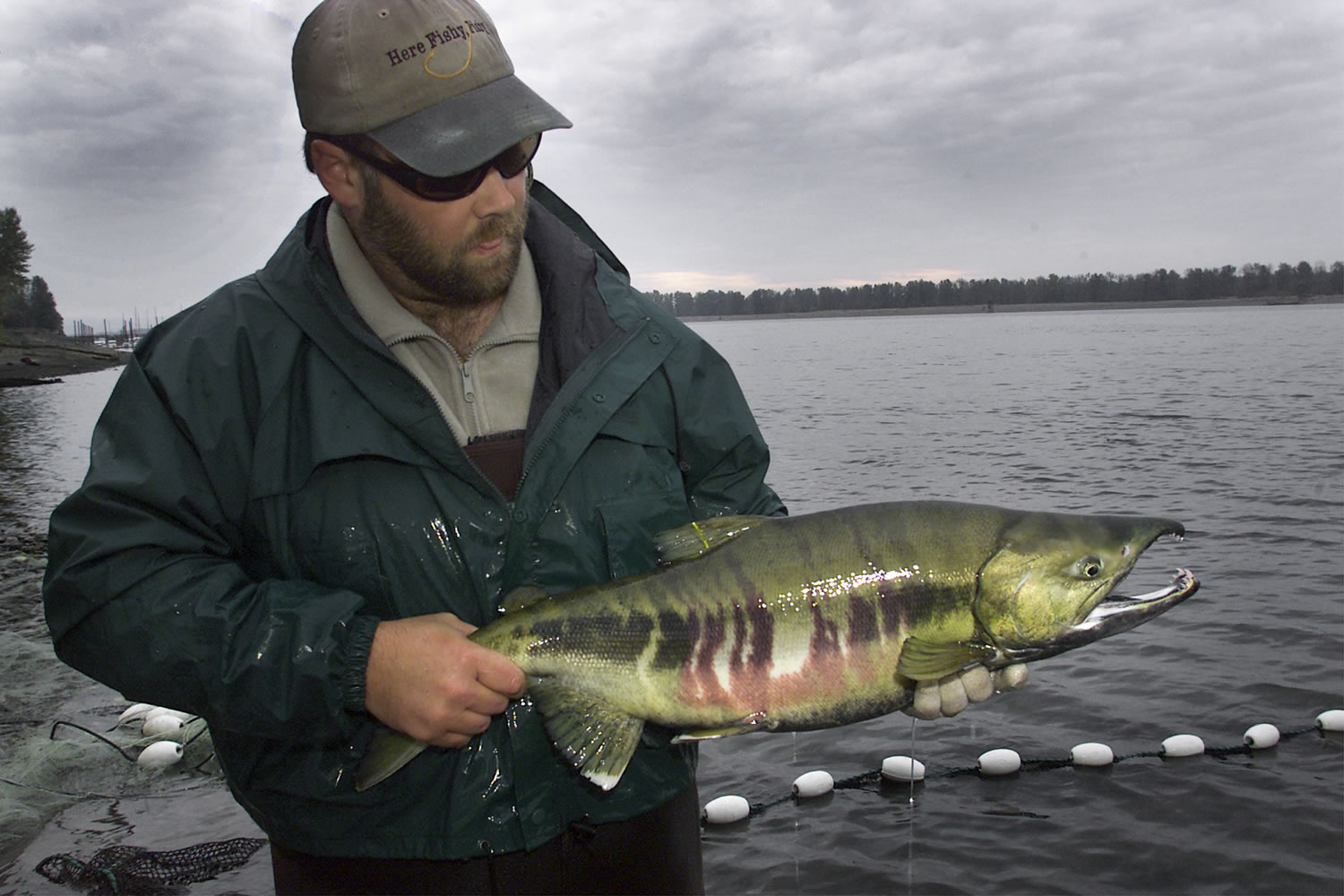 Todd Hillson holds a chum salmon caught from the Columbia River near the Interstate 205 Bridge.