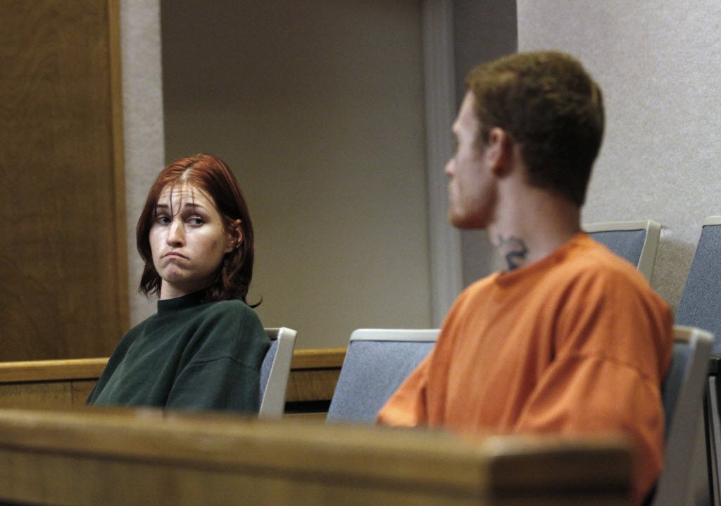 Holly Grigsby exchanges glances with her boyfriend, David &quot;Joey&quot; Pedersen, during an appearance in Yuba County Superior Court in Marysville, Calif., last fall.
