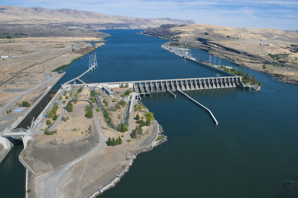 The Dalles Dam, looking northeast, with the ship locks at left and the north basin upper wall, top.