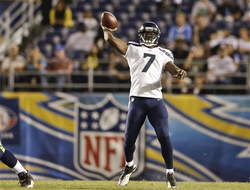 Seattle Seahawks quarterback Tarvaris Jackson releases a long pass that was completed for a 41-yard gain against the San Diego Chargers in the third quarter Thursday.