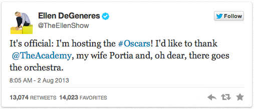 Ellen DeGeneres posts a Tweet announcing she will host the next Oscars ceremony.