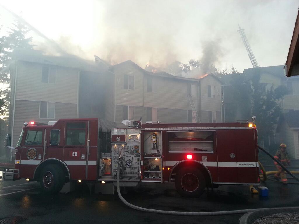 Units burn at the One Lake Place condominium complex on Northeast 121st Avenue in Vancouver on July 2.