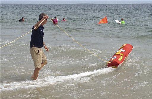 In this Wednesday, Aug, 8, 2012 photo, Misquamicut, R.I., Fire Chief Louis Misto, left, holds a line attached to the EMILY remote-control lifesaving device as it propels itself in the water and away from the shore at Old Town Beach, in Westerly, R.I.