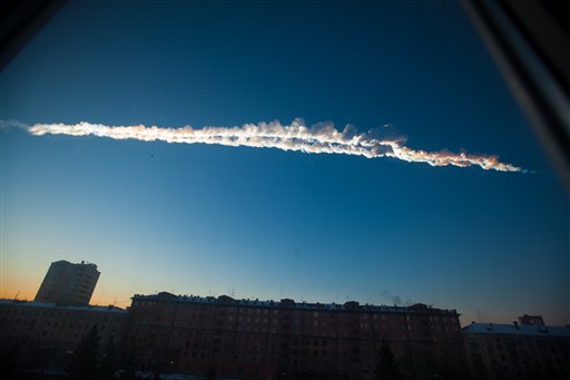 In this photo provided by Chelyabinsk.ru a meteorite contrail is seen over Chelyabinsk on Friday, Feb. 15, 2013.