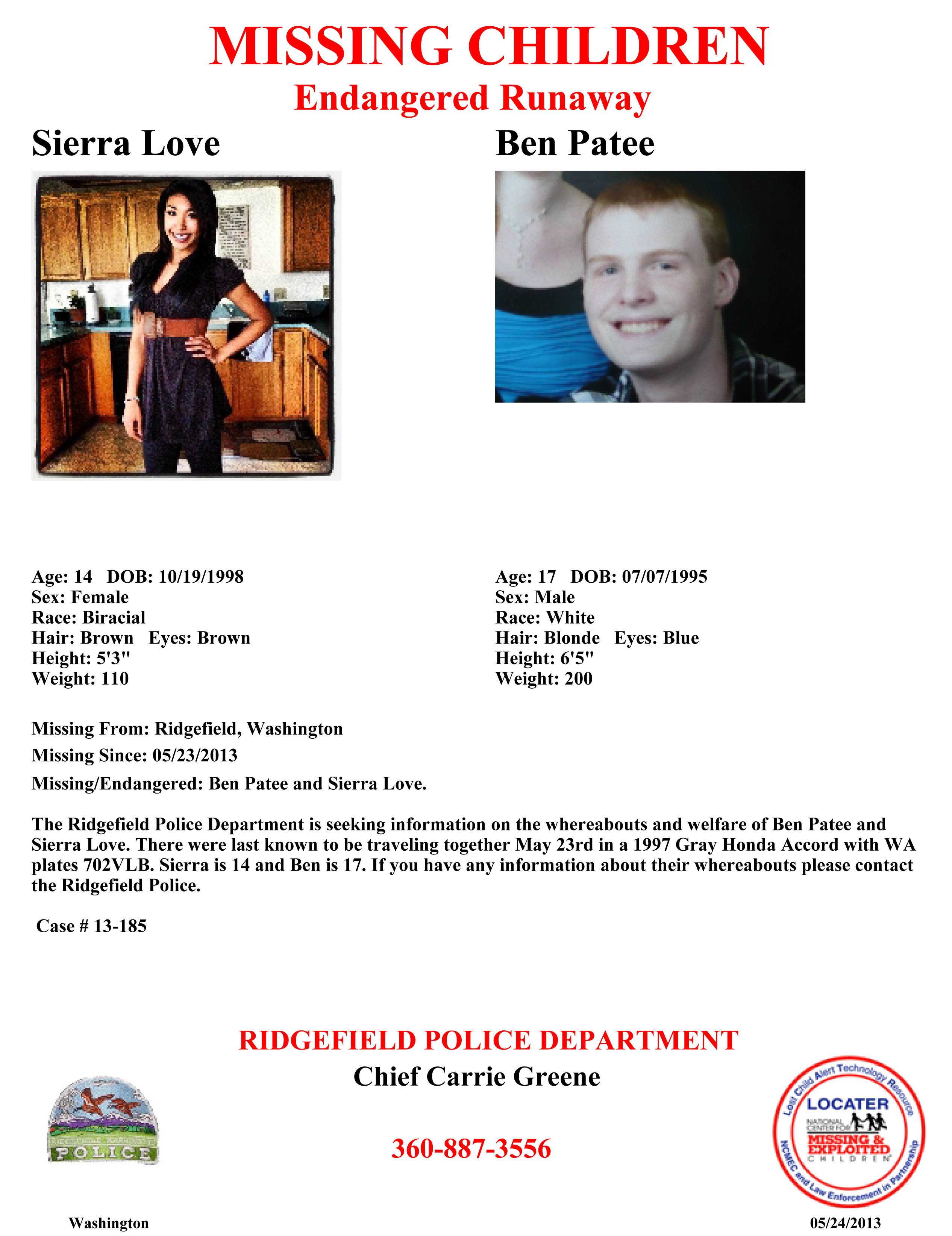 Ben Patee and Sierra Love are missing. Their whereabouts are being sought by the Ridgefield Police Department.