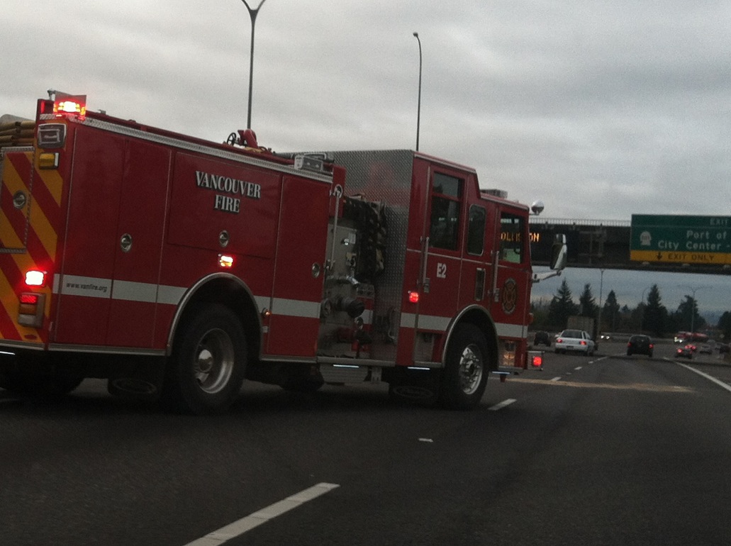 A fire truck blocked most lanes of southbound Interstate 5 near the Mill Plain Boulevard exit shortly before 8 a.m.