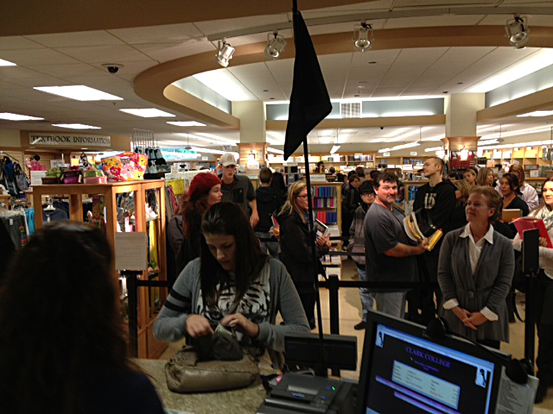 Customers crowd the Clark College bookstore this morning, the first day of classes for the fall quarter.