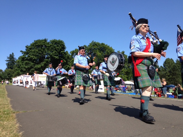 The Fort Vancouver Pipe Band performs during the Fourth of July parade Wednesday.