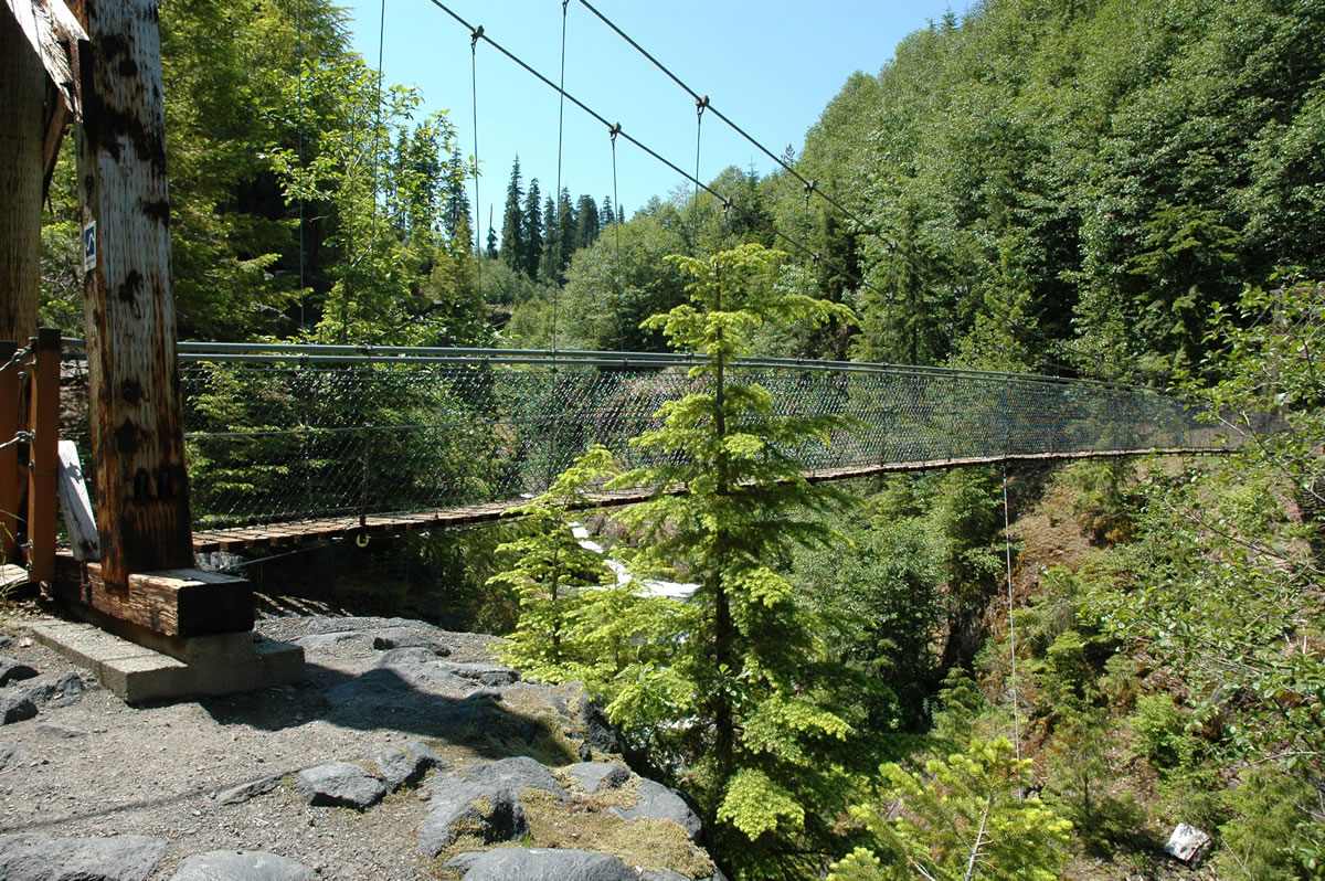 Many hikers at Lava Canyon make the 1.3-mile loop that includes this suspension bridge.