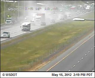 Smoke billows from an accident scene near the southbound I-5 onramp from Ridgefield.