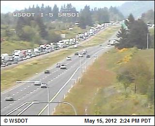 Traffic backs up after two tractor-trailer rigs collided on Interstate 5 southbound Tuesday.