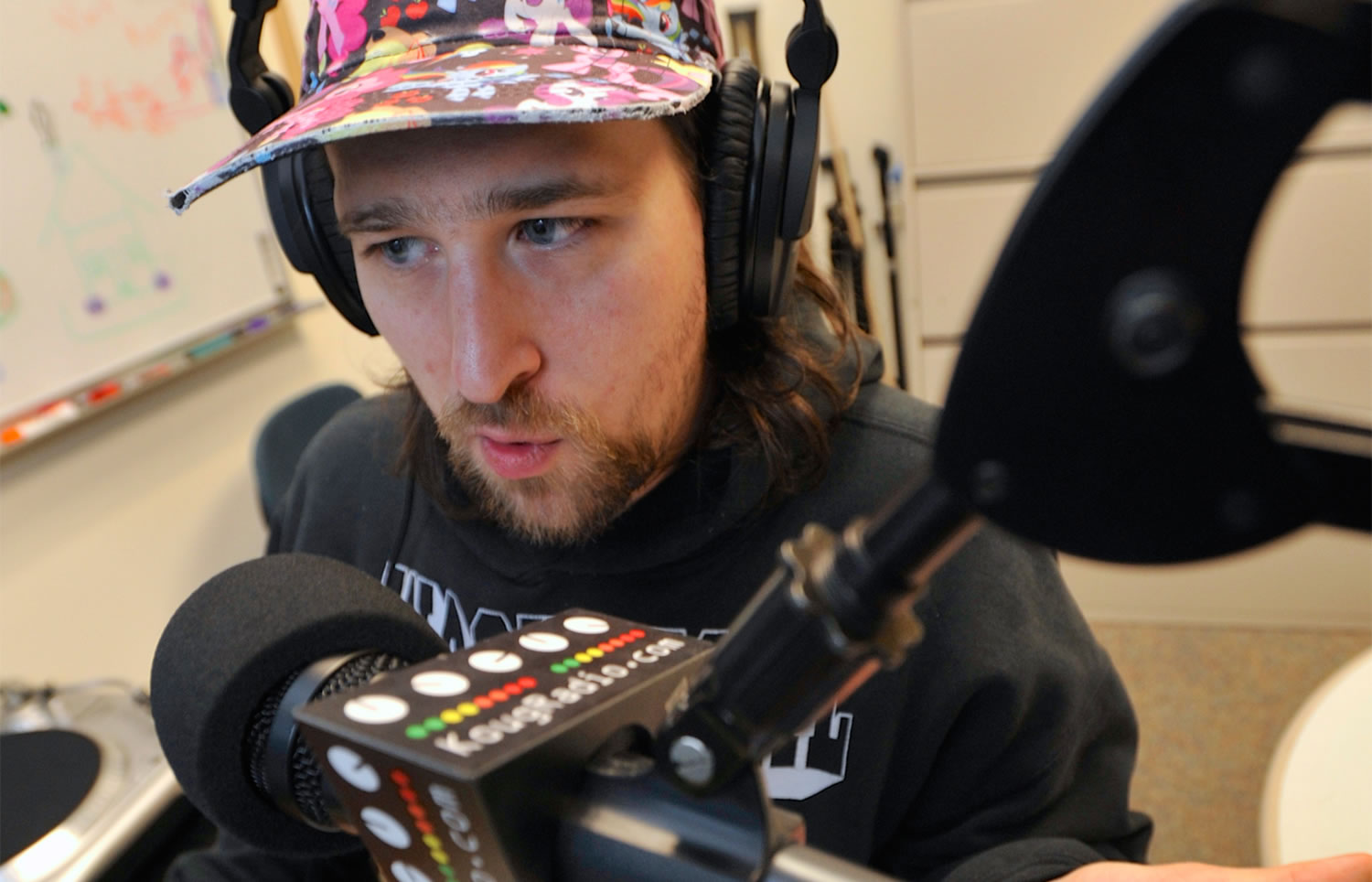 Aaron McPherson, also known as “DJMC,” is a DJ at Washington State University Vancouver’s KOUG radio station. The station is broadcast exclusively online and staffed by students.