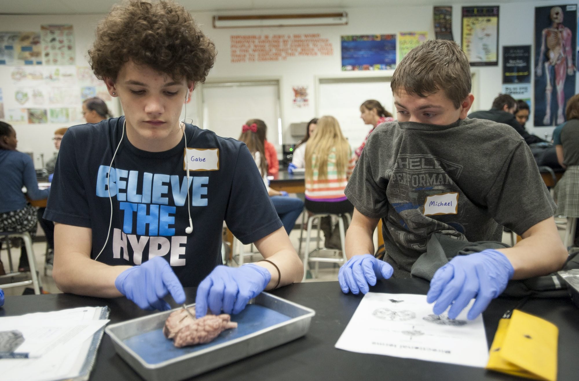 Biology students Gabe McMahon, left, and Michael Lovine dissect sheep brains at Skyview High School in 2015. NW Noggin, a nonprofit organization of volunteer neuroscientists, brought the sheep brains to the class for dissection. Lovine covered his face with his t-shirt to mask the smell.