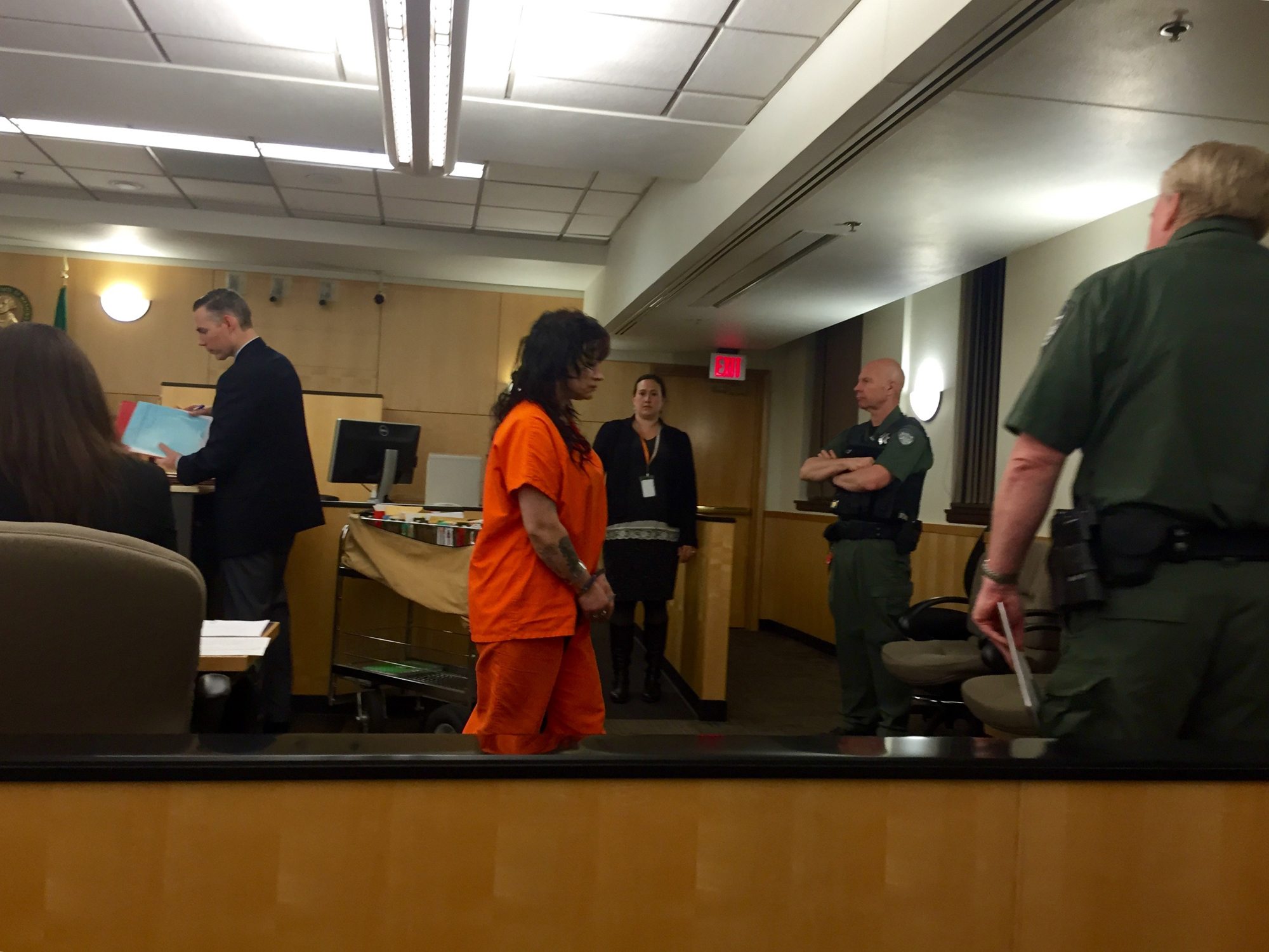 Angela M. McCalip, 45, of Vancouver appears in Clark County Superior Court on May 21 for ramming a sheriff&#039;s deputy patrol vehicle while fleeing arrest. McCalip pleaded guilty Thursday and was sentenced to five years in prison.