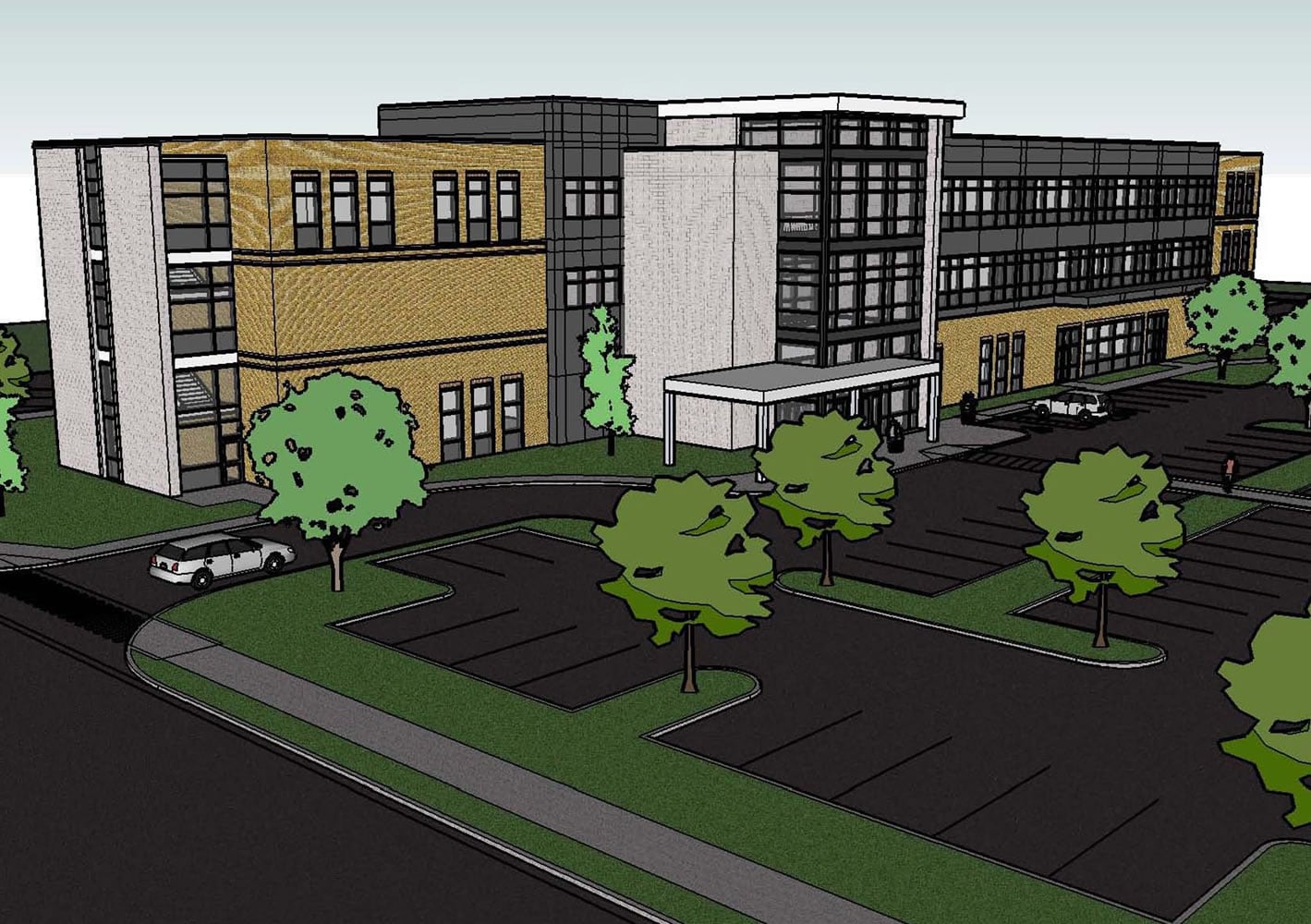 This computer rendering shows Evergreen Public Schools' new health and bioscience high school, which is on track to open in the fall of 2013.