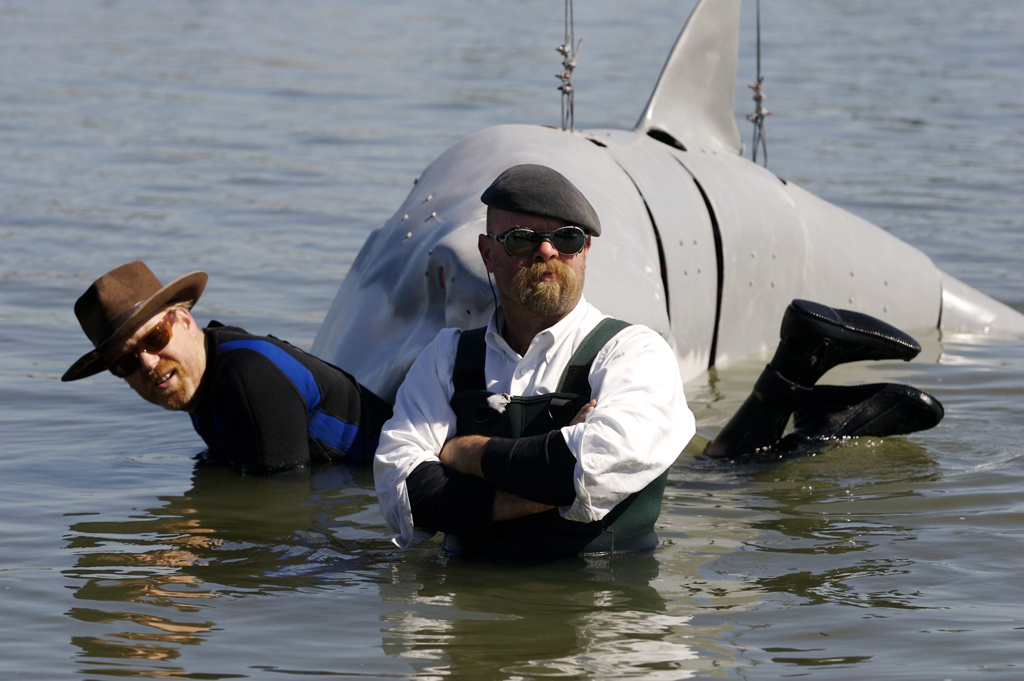&quot;Mythbusters&quot; hosts Adam Savage and Jamie Hyneman demonstrate the power of a shark&#039;s bite at the Encinal Boat Launch in Alameda, Calif. The pair were in Oregon last year shooting an episode that aired Saturday.