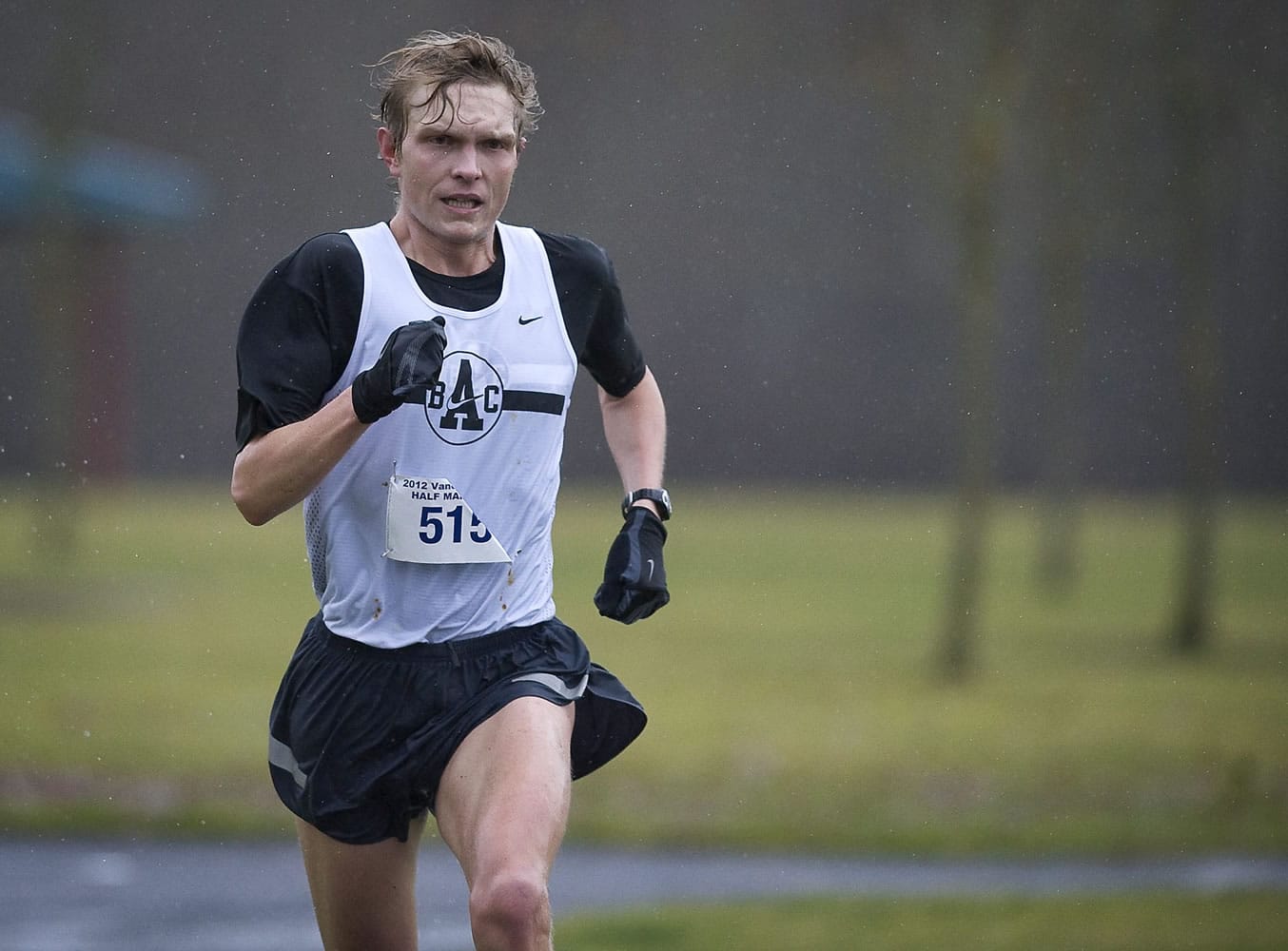 Jon Marcus, 28, led the annual Vancouver Lake Half Marathon from start to finish on Sunday, winning in 1:09:38.