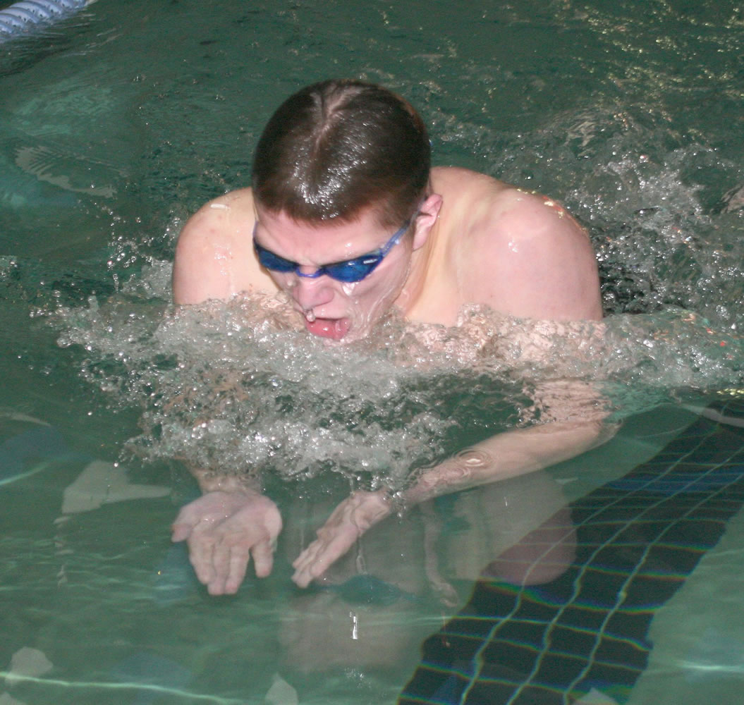 Jake Yraceburu finished second behind Camas teammate Kasey Calwell in the 100-meter breaststroke Monday, at LaCamas Swim and Sport. The Papermakers beat Mountain View 167-116 for the league championship.