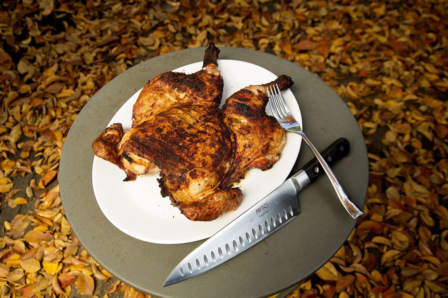 Place a chicken, skin side down, over indirect heat, set bricks on top, and grill, covered, until skin is golden and crisp, 25-30 minutes. Using tongs, remove bricks; turn chicken, skin side up.