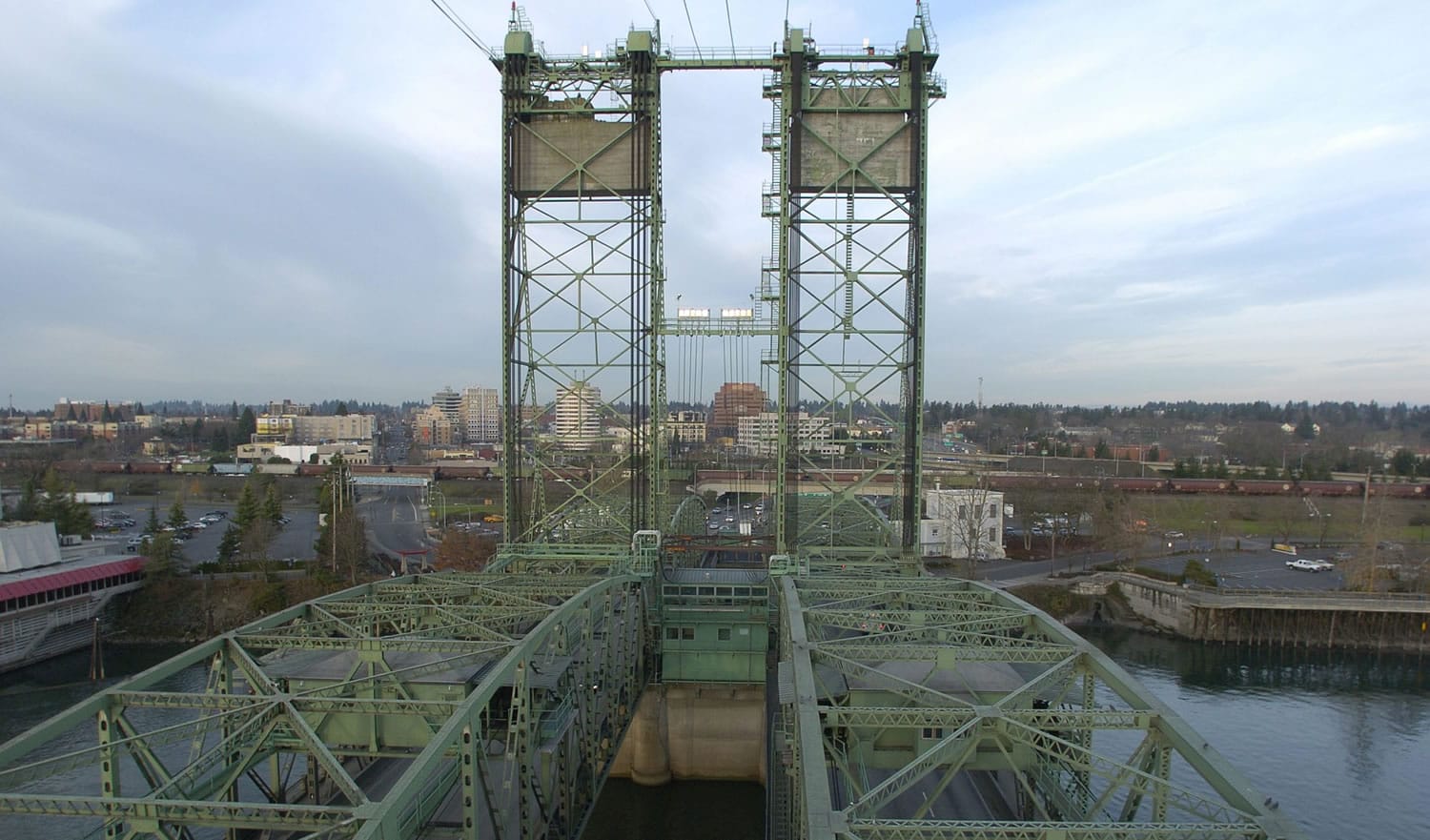 The I-5 bridge looking north from the southeast tower into Vancouver.