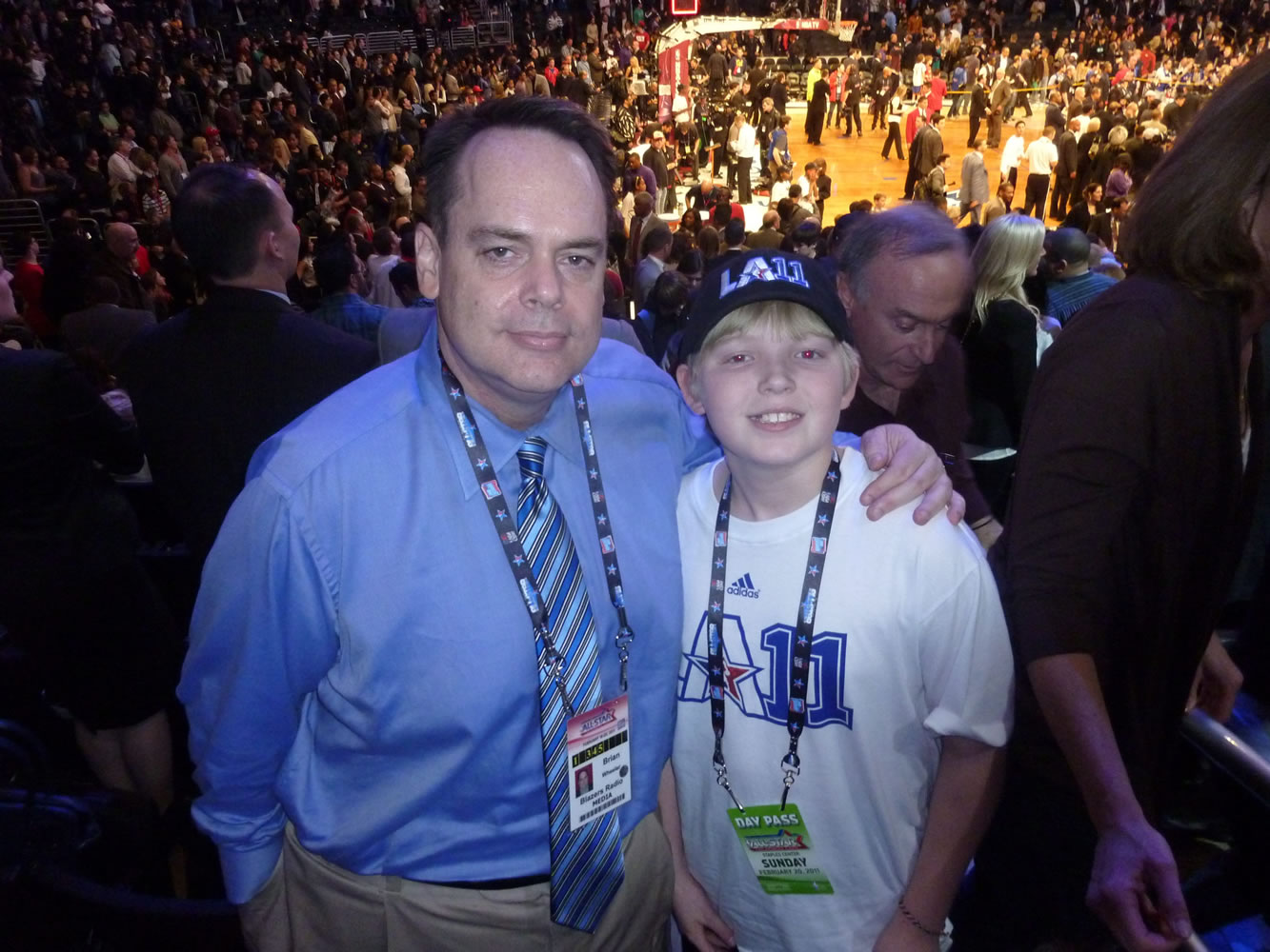 Blazers broadcaster Brian Wheeler with fan Mitchell Taylor.