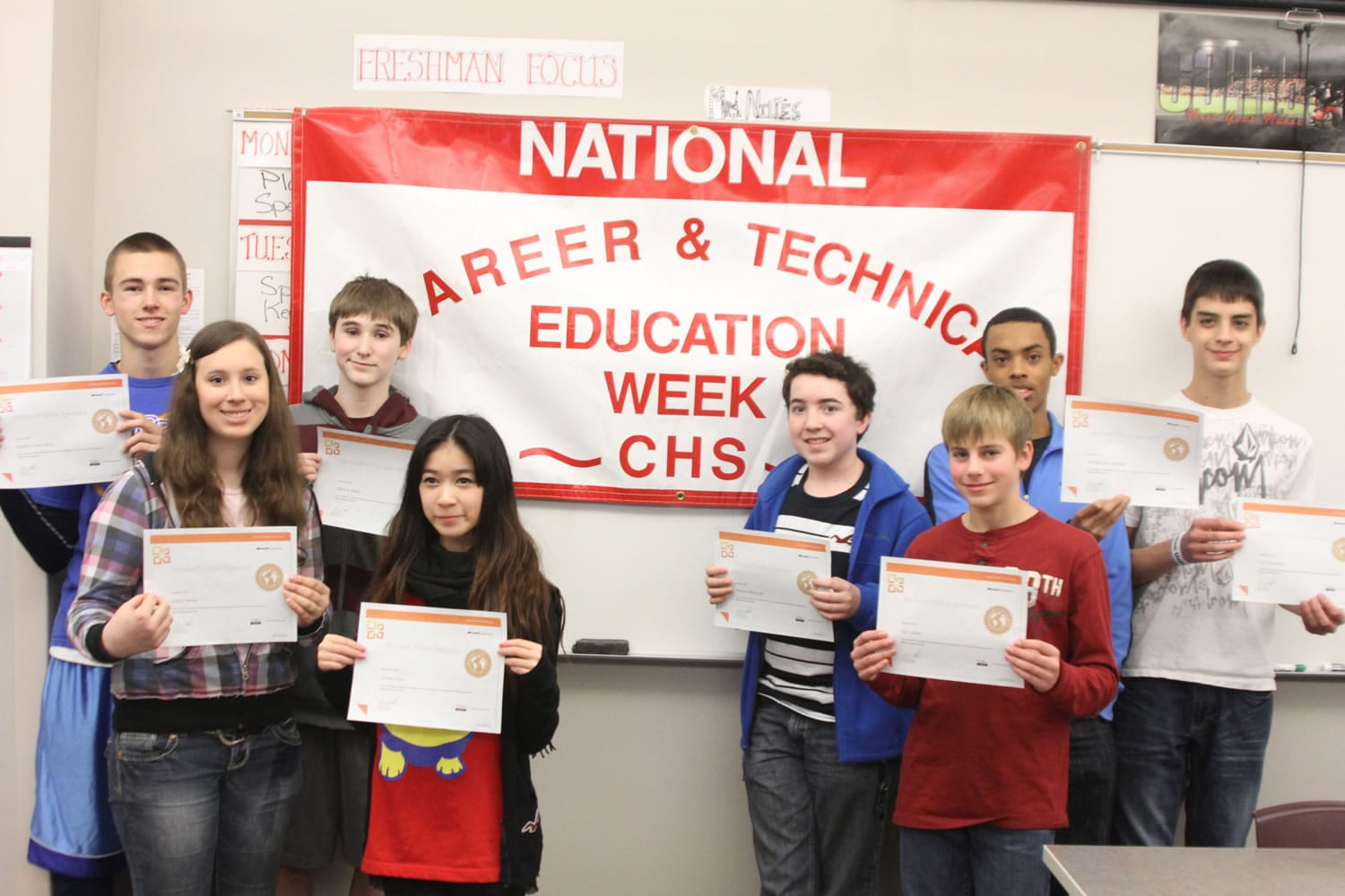 Contributed photo
Several ninth-grade students earned PowerPoint certification at Camas High School. They are (from left): LeFore McKinley, Amber Weese, Skyler Wade, Juliana Chau, Matthew Clay, Alec Gantar, William (Isaiah) Ephraim and Val Kovalenko. Not pictured: Talon Edmiston and Bayley Stevenson.