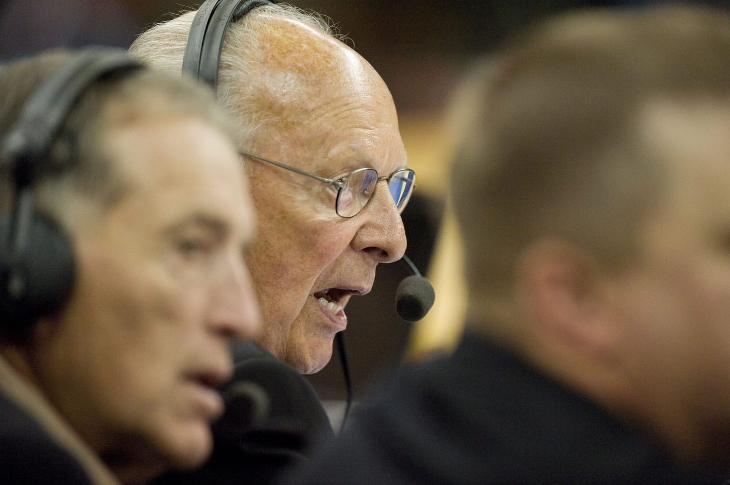 Portland radio legend Bill Schonely returned to the announcer's booth for a Blazers preseason game in 2009.