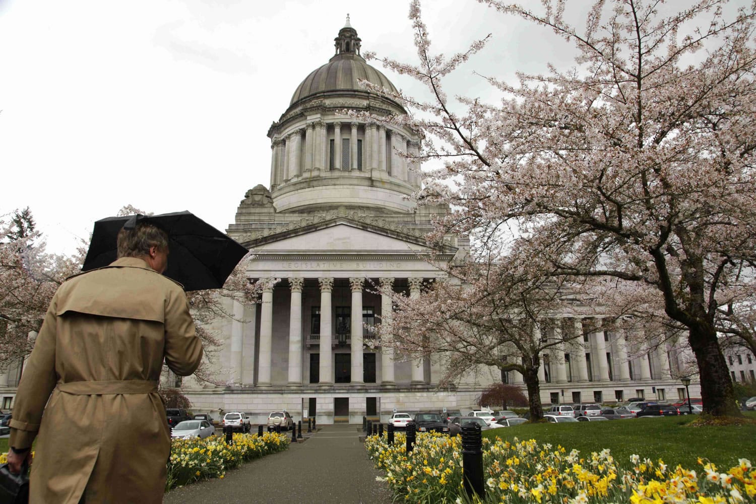 A pedestrian passes by with an umbrella on a rainy day in 2011 at the Capitol in Olympia.
